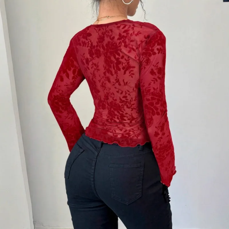 New Fashion Spring and Summer Women's V-Neck Lace Flared Sleeve Shirt Hollow Retro Long Sleeve Solid Color Casual Blouse Top