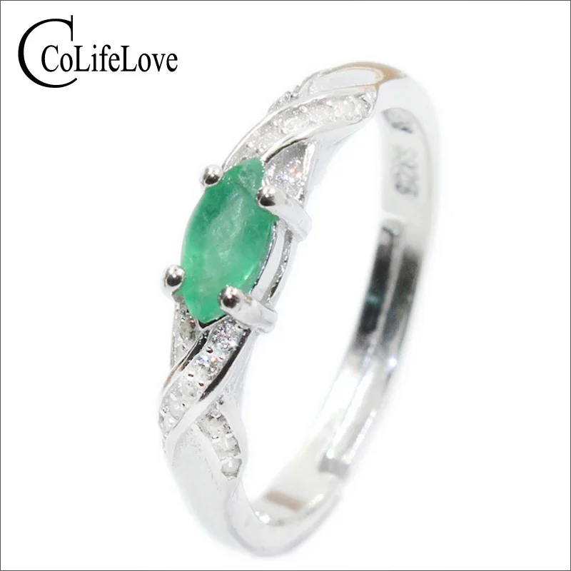 Emerald Silver Ring 3mm * 6mm For Woman Engagement