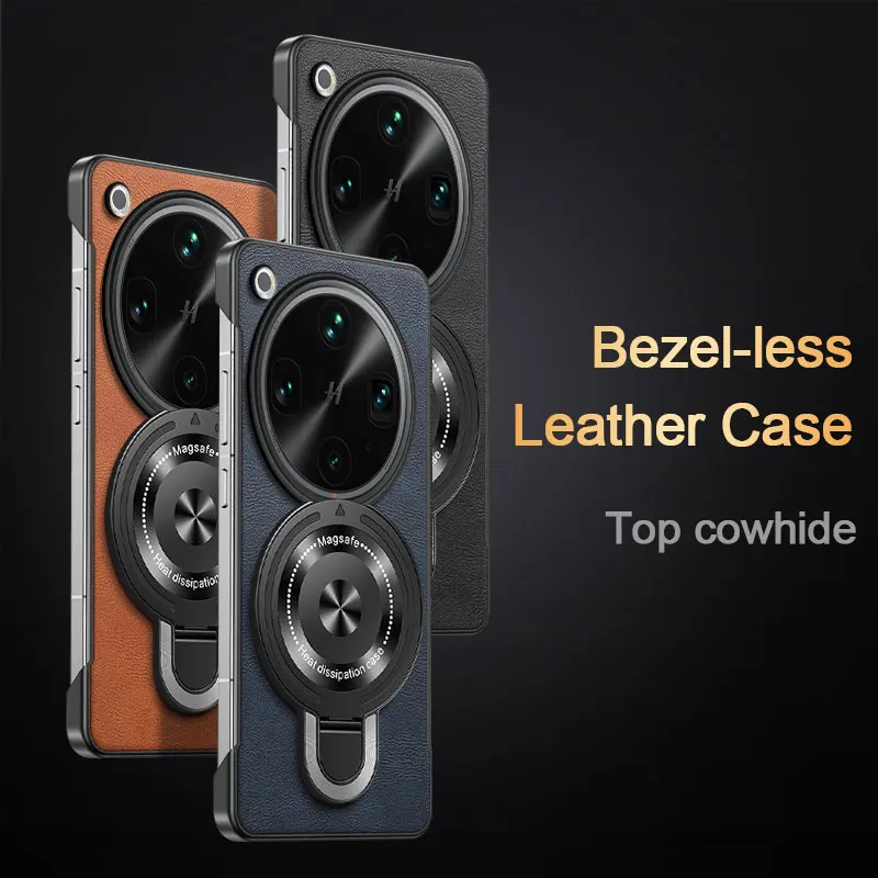 Magnetic Wireless Charging Shockproof Leather Case with Holder - Frameless Hard Shell