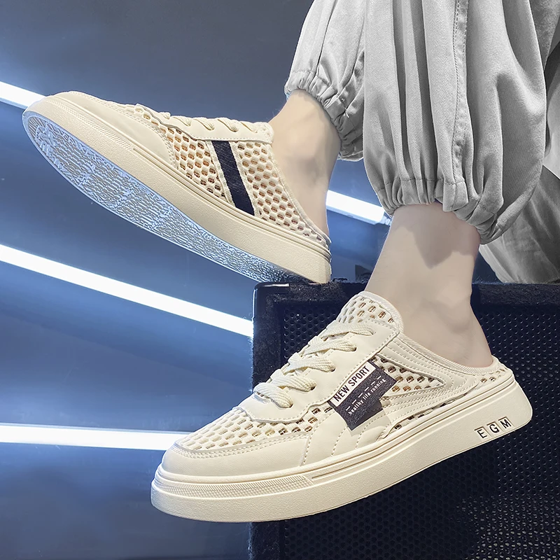 شباشب صيفية رفيعة شبكية واحدة للرجال نصف سحب أحذية...