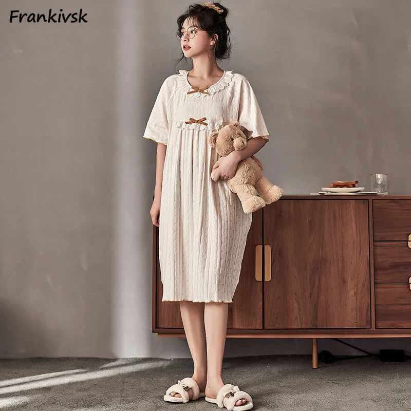 

Cozy Nightgowns Women Loose Bow O-neck Summer Half Sleeve Sweet Youthful Advanced Exquisite Prairie Chic Loungewear All-match