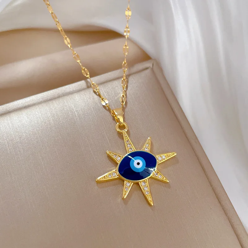 Collier Pendentif Lune Et étoile En Acier Inoxydable Doré Avec Turquoise - Longueur Réglable 41-45 Cm - Neuf