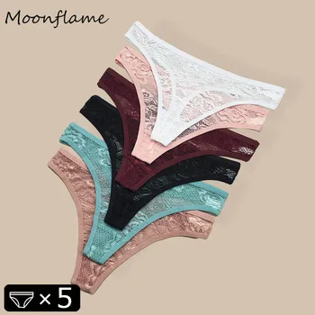 Moonflame 5-Pack Women’s Lace Thongs – Transparent G-String T-Back Lingerie Panties