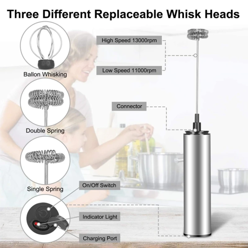 Milk Frother Handheld Coffee Frother Electric Whisk USB Rechargeable Foam Maker Bubbler Egg Beater for Hot Chocolate