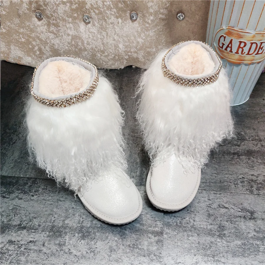 

Fashion rhinestone chain pearl white comfortable wool women's boots leather and fleece mid-tube snow boots