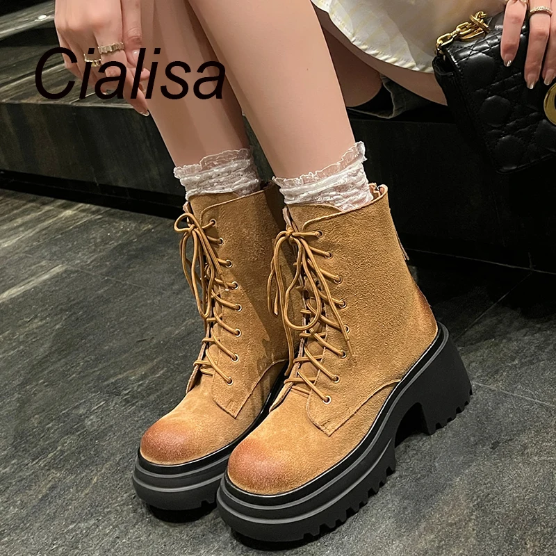 

Женские винтажные полусапожки Cialisa, коричневые и черные ботильоны из натуральной кожи на платформе 8 см с круглым носком, на высоком каблуке, для зимы, 2023