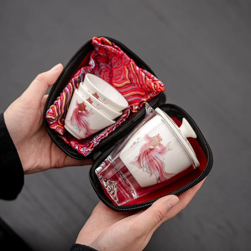 

Outdoor car mounted sheep fat jade porcelain travel tea set, ceramic one pot, three cups, portable express cup, Kung Fu tea set