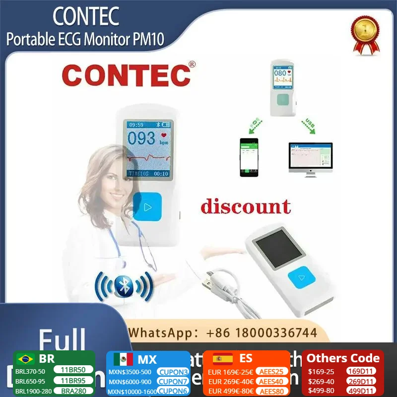 Genuine CONTEC Handheld Portable ECG EKG Machine Heart Beat Monitor LCD USB Bluetooth PM10 with Software App for Ios Android
