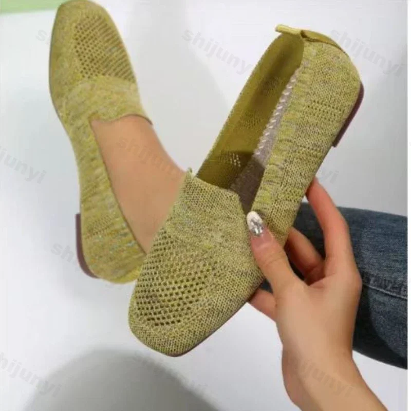Women Shoes Women Flats Casual Shoes Solid Color Square Toe Mesh Loafers Women Flats Soft Bottom Knit Ballet Flats Casual Slip on