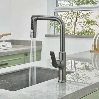 ปืนสีเทาก๊อกน้ําห้องครัวดึงออกอ่างล้างจานทองแดงร้อนและเย็น Splash PROOF อ่างล้างจานระเบียงหมุน 1