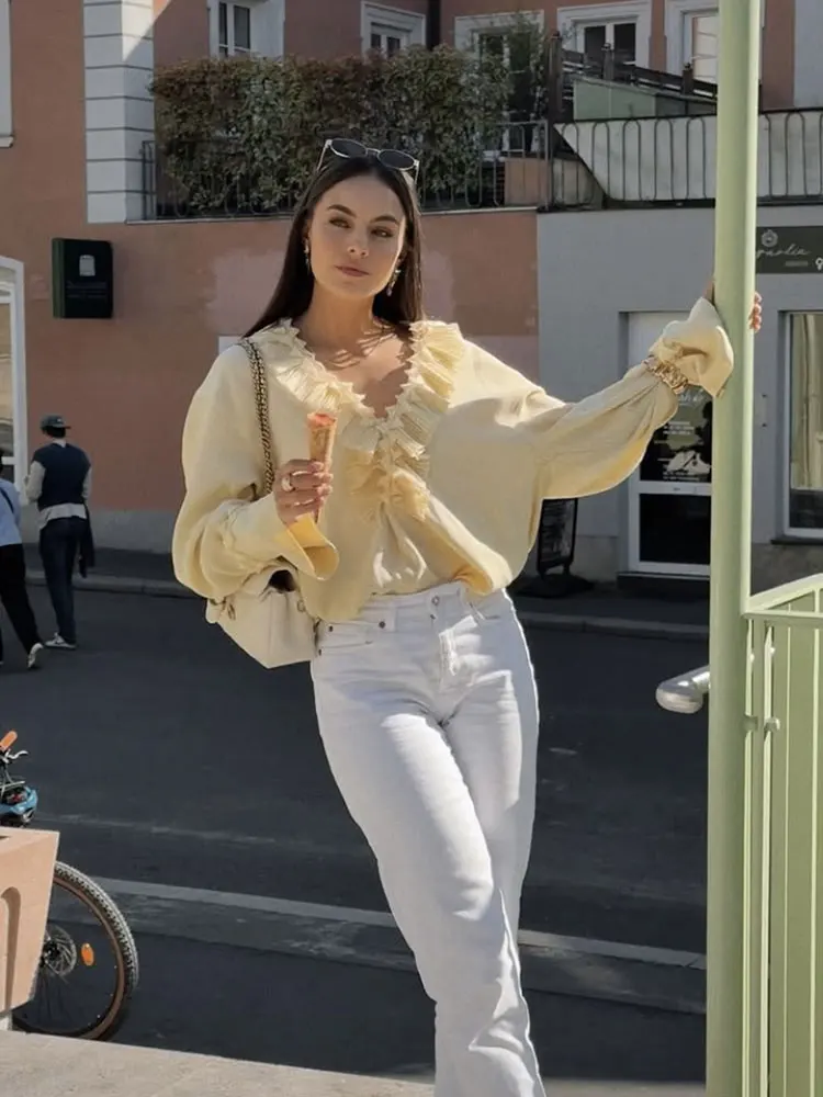 HH Women Fashion Ruffles Lace-up Blouse Loose Casual V Neck Long Sleeve Shirt 2025 Woman Elegant Chiffon Yellow Chic Tos