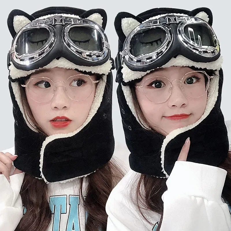 Winter Thick Warm Riding Hat with Goggles Winter Cute Cat Ear Hat Bicycle Warm Head Face Protecter Mask
