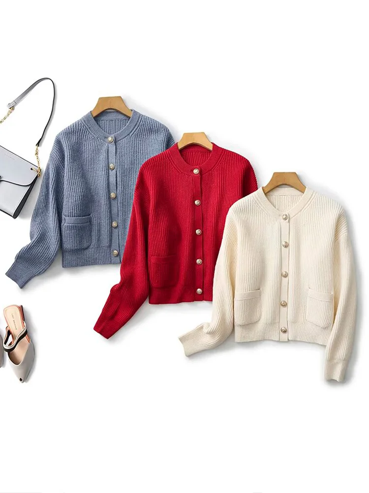 

Women 2024 Autumn New Fashion Casual Knitted Cardigan Vintage Long Sleeve Chic Round Neck Button Pocket All-match Sweater Mujer