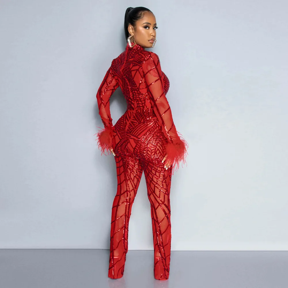 Luxury Mesh See Though Sequined Striped Wide Leg Jumpsuit Women Sexy Club Party Feather Sleeve Romper Playsuit One Piece Outfits