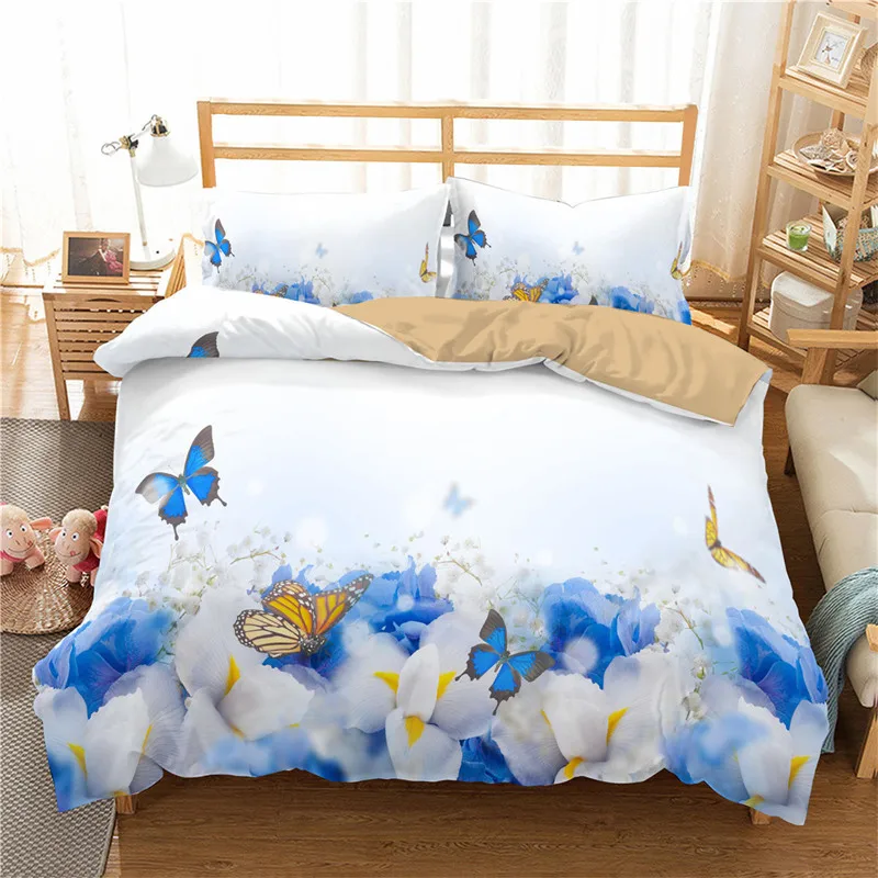 Soft Butterfly Floral Bedding Set For Girls Teens Rose Flowers Print Duvet Cover Easy Care And Breathable Quilt Cover Pillowcase Bedding Sets luxury