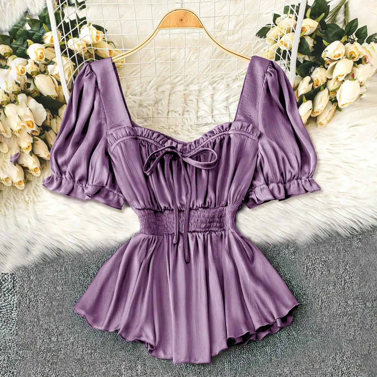 Chic Purple Pleated A-Line Top with Flared Sleeves for a Slimming Silhouette