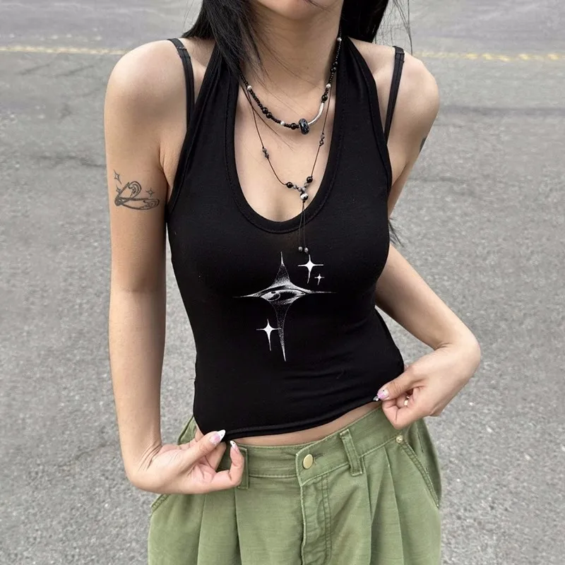 Top Women Y2k Devil's Eyes Retro Print Hanging Neck Suspender Vest Women's Summer Korean Fashion Slim And Slimming Short Top_voghion.com