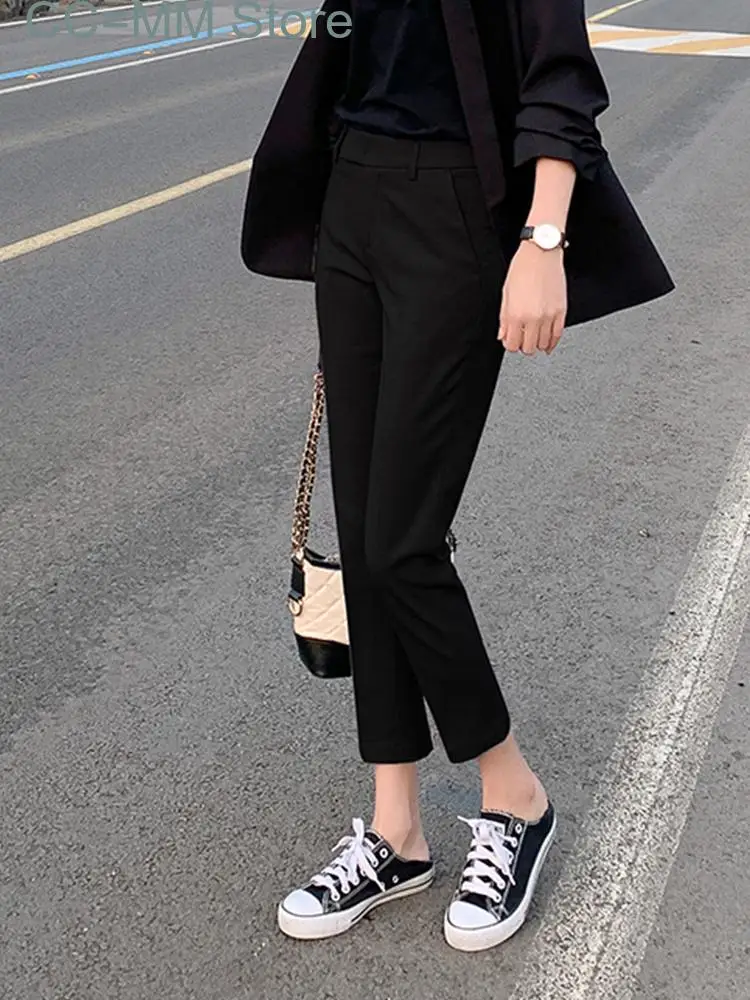 New Pants Women Office Ladies Grey Suit Straight Cargo Ankle-Length Pants Summer Korean Vintage High Waist Clothing
