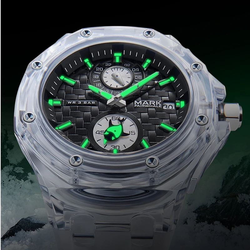 2024 Fashion Men's Watch Brand Mark Fairwhale Transparent Acrylic Quartz WristWatch Sports Silicone Strap Clock Boy Reloj Hombre
