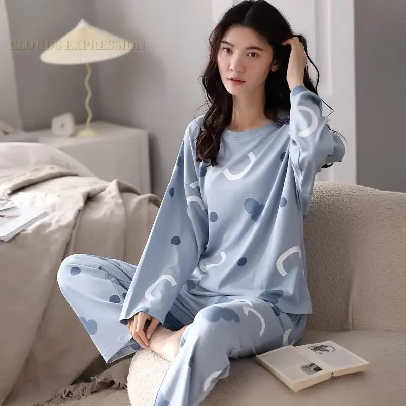 Autumn Sleep Lounge Pajama Long Sleeved Top Polka Dots Women Pajama Sets Cartoon Pyjamas Cotton Sleepwear Women M L XL XXL XXXL women pajamas set,cotton pajamas set