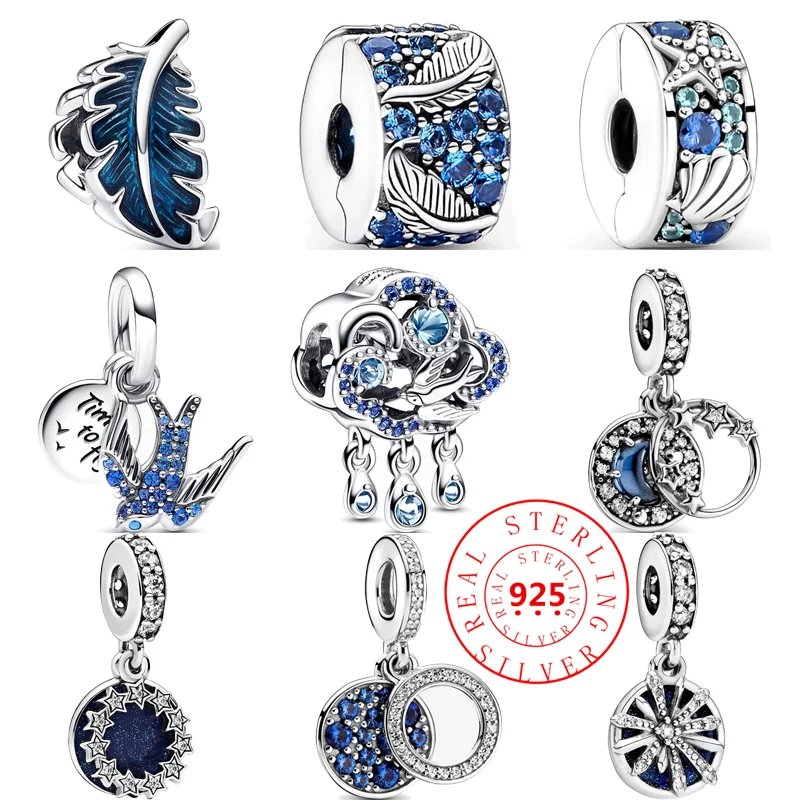 925 Sterling Silver Blue Curved Feather Cloud Swallow Star Moon DIY Beads Fit Original Pandora Charms Bracelet Fine Jewelry Gift 100% 925 sterling silver boy girls feather cat dog family tree beads fit original pandora charms bracelet women diy fine jewelry