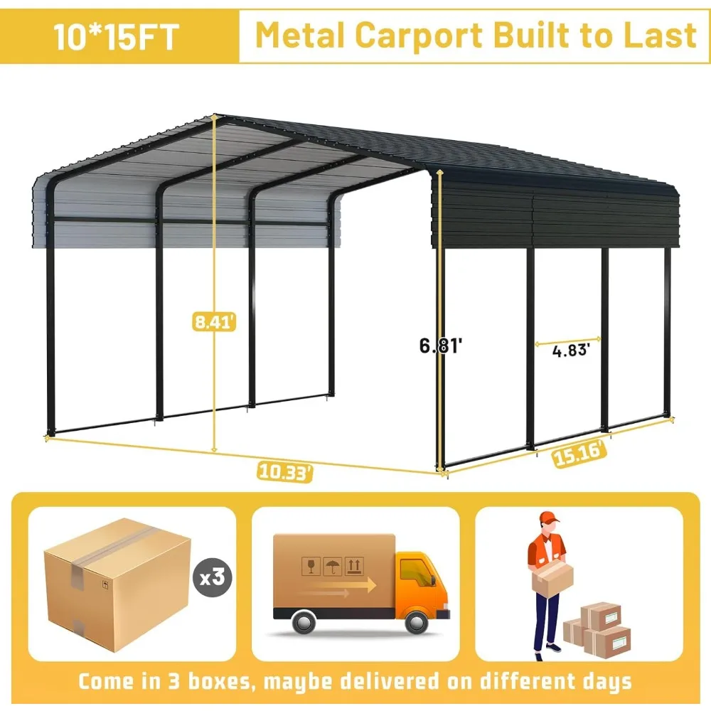 Metal Carport 10 * 15 FT with Enhanced Base Galvanized Steel Roof for Car, Pickup, Boat and Tractors Shelter Outdoor