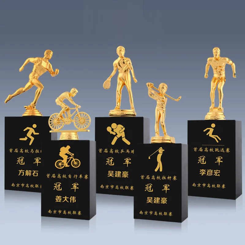 

Customized Golden Man Sculpture Metal Crystal Running Football Basketball Bicycle Badminton Swimming Trophy, Popular Sports, 1Pc
