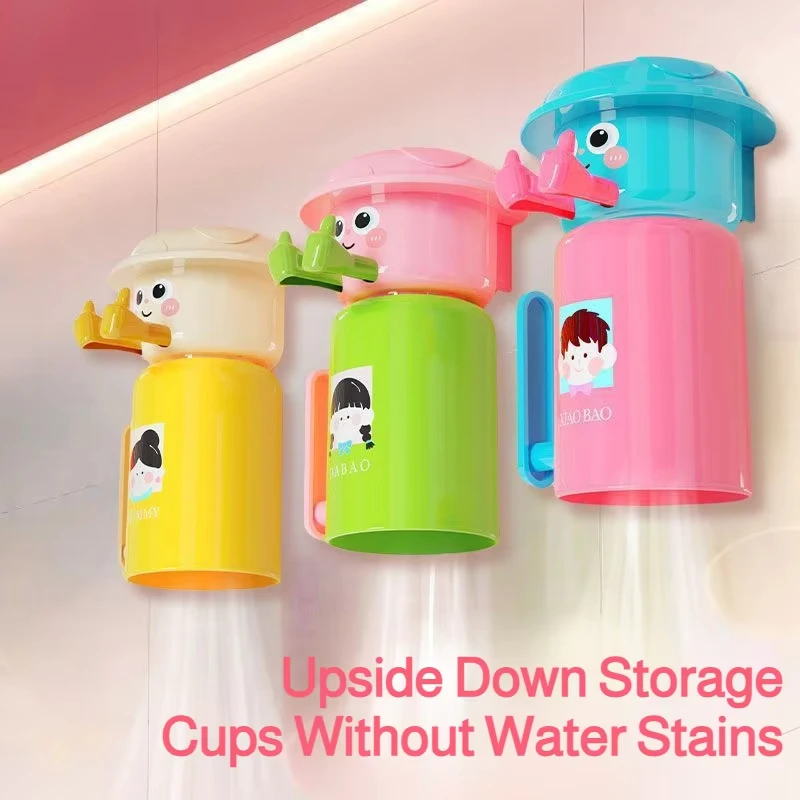 Cartoon Magnetic Toothbrush Holder Punch-Free Upside Down Wall Mounted Bathroom Storage Rack Gargle Cup Organizer_voghion.com