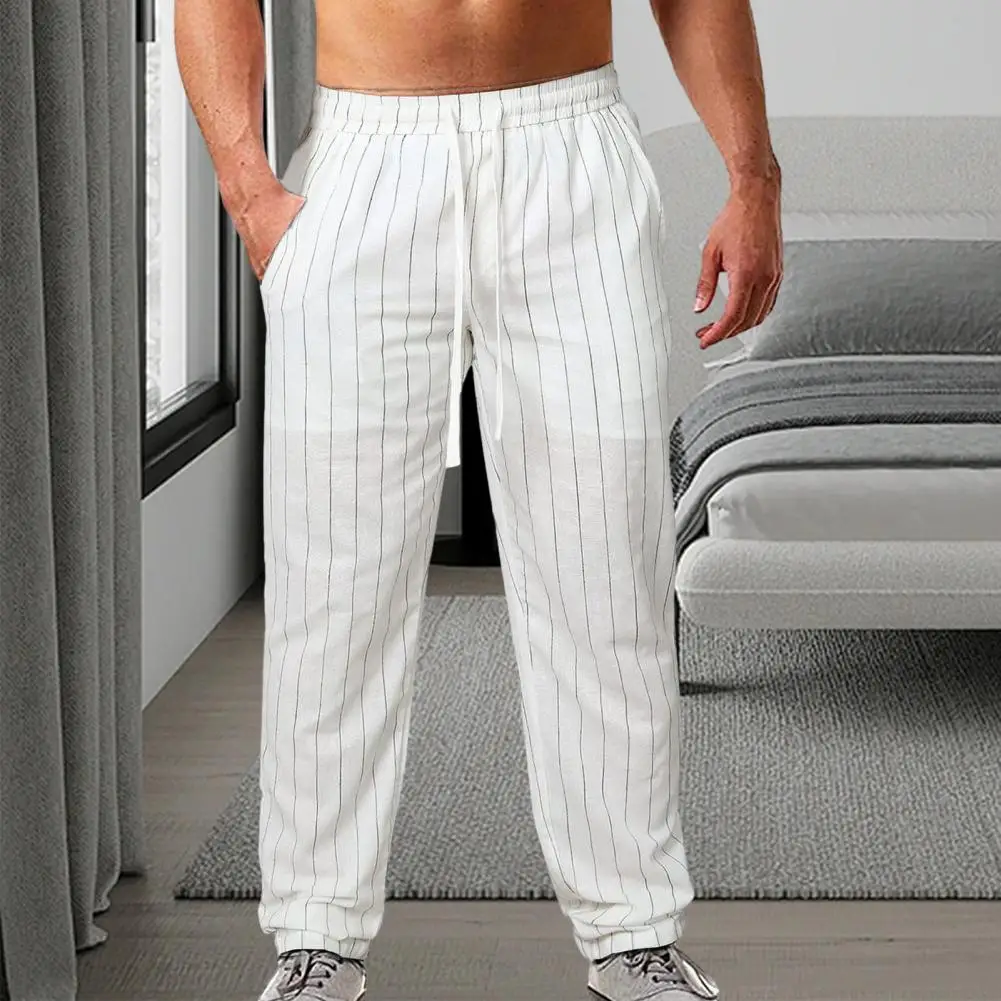

Men Pants Vertical Striped Print Men's Casual Trousers Elastic Waistband Drawstring Pockets Straight Leg Streetwear Pants Male