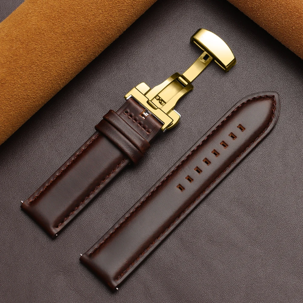 Luxurious Dark Brown Calfskin Leather Watchband with Butterfly Buckle