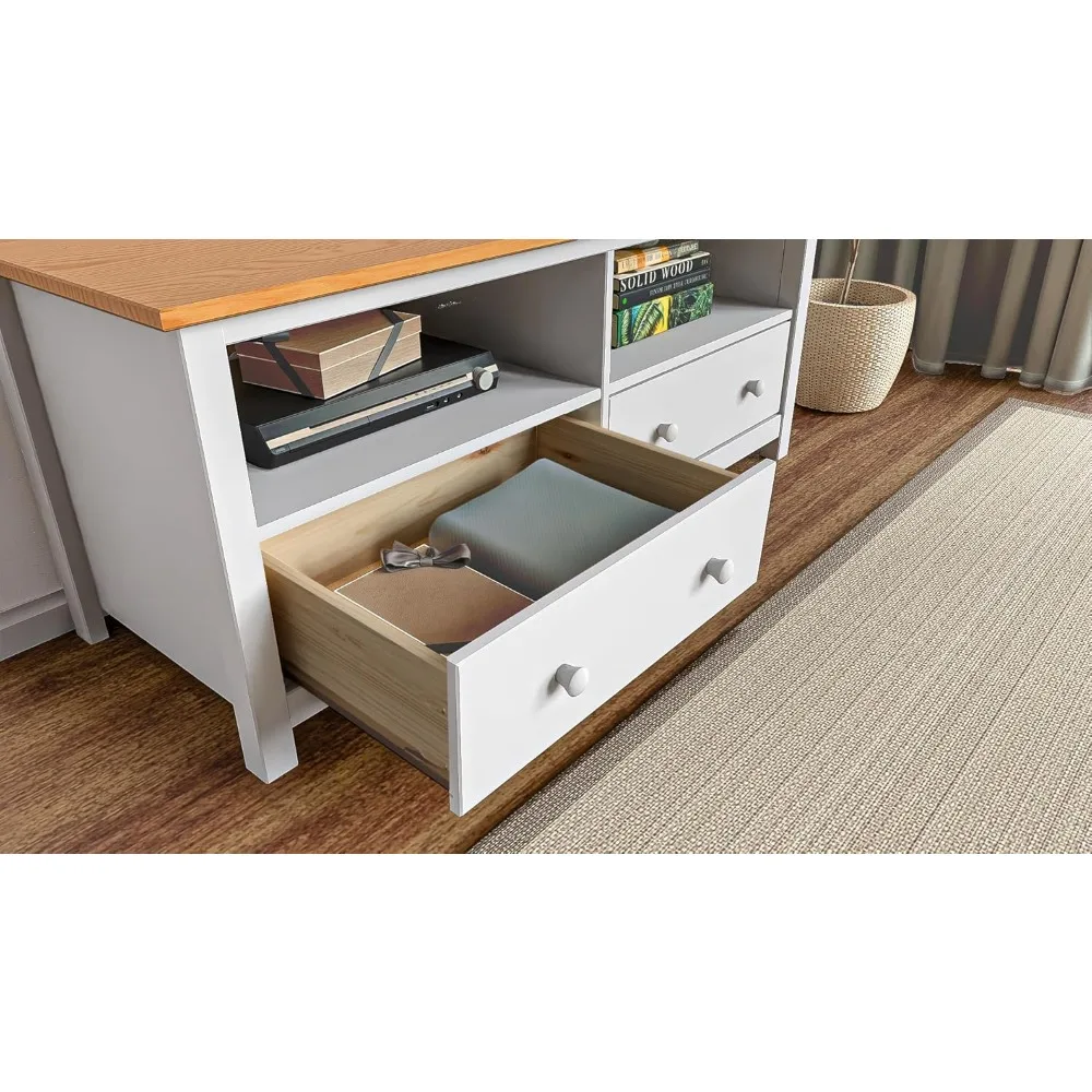 Handcrafted Solid Oak TV Stand Entertainment Center - Elegant White/Pine Media Console with Spacious Storage Drawers & Open Shel 5