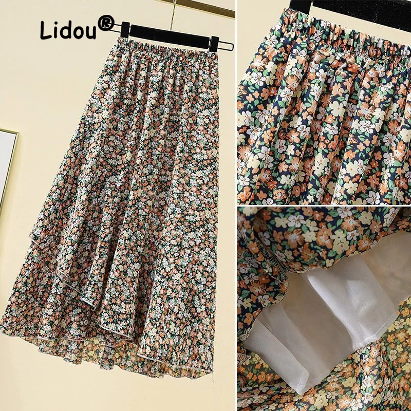 New Chiffon Floral Half Length Skirt Women with High Waist Covering Crotch Slim Fashion Elasticity Lady Mid Length A-line Skirt