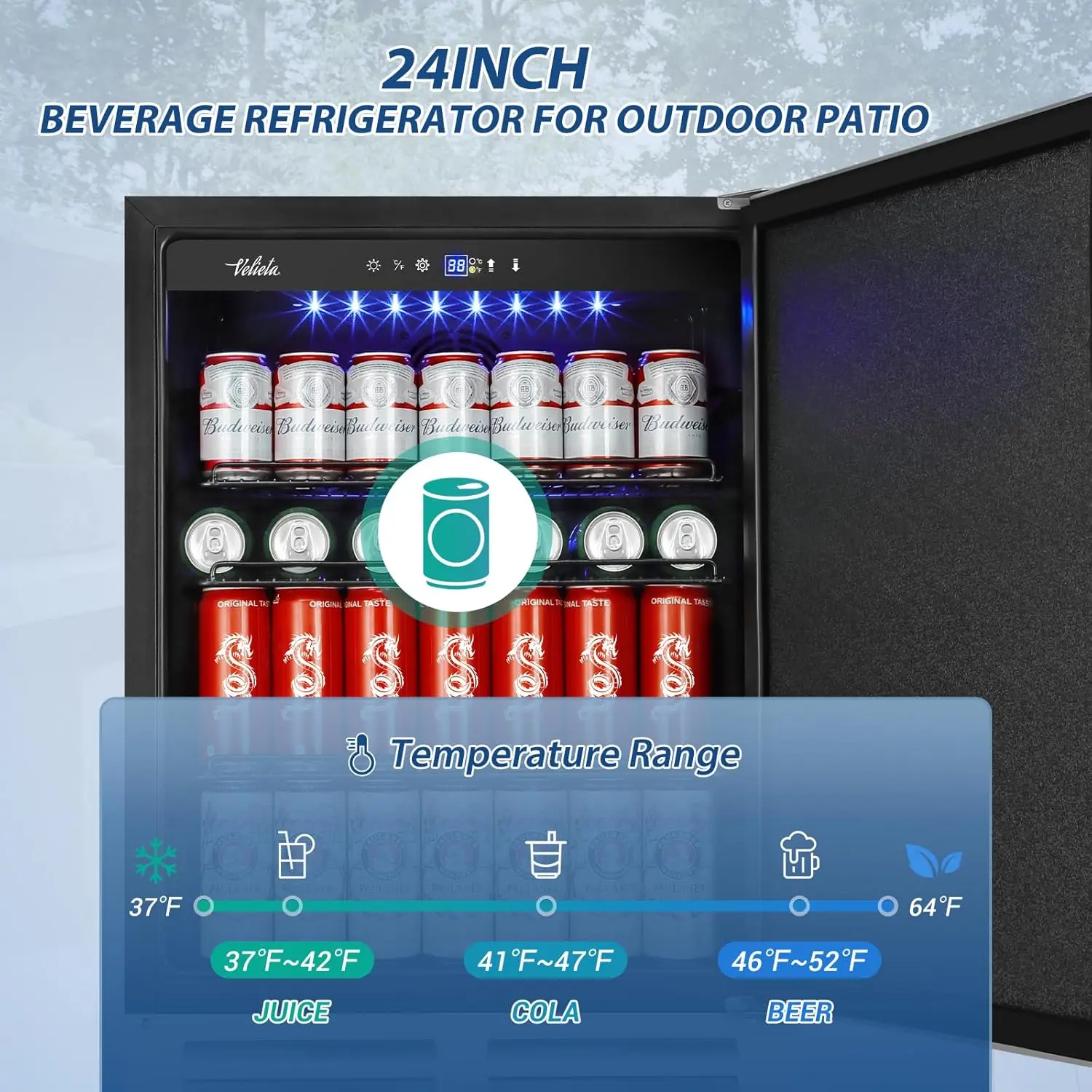 Refrigerator Outdoor, Under Counter Beverage Cooler for Patio, Built-in Drink Fridge 210 Cans, with Stainless S
