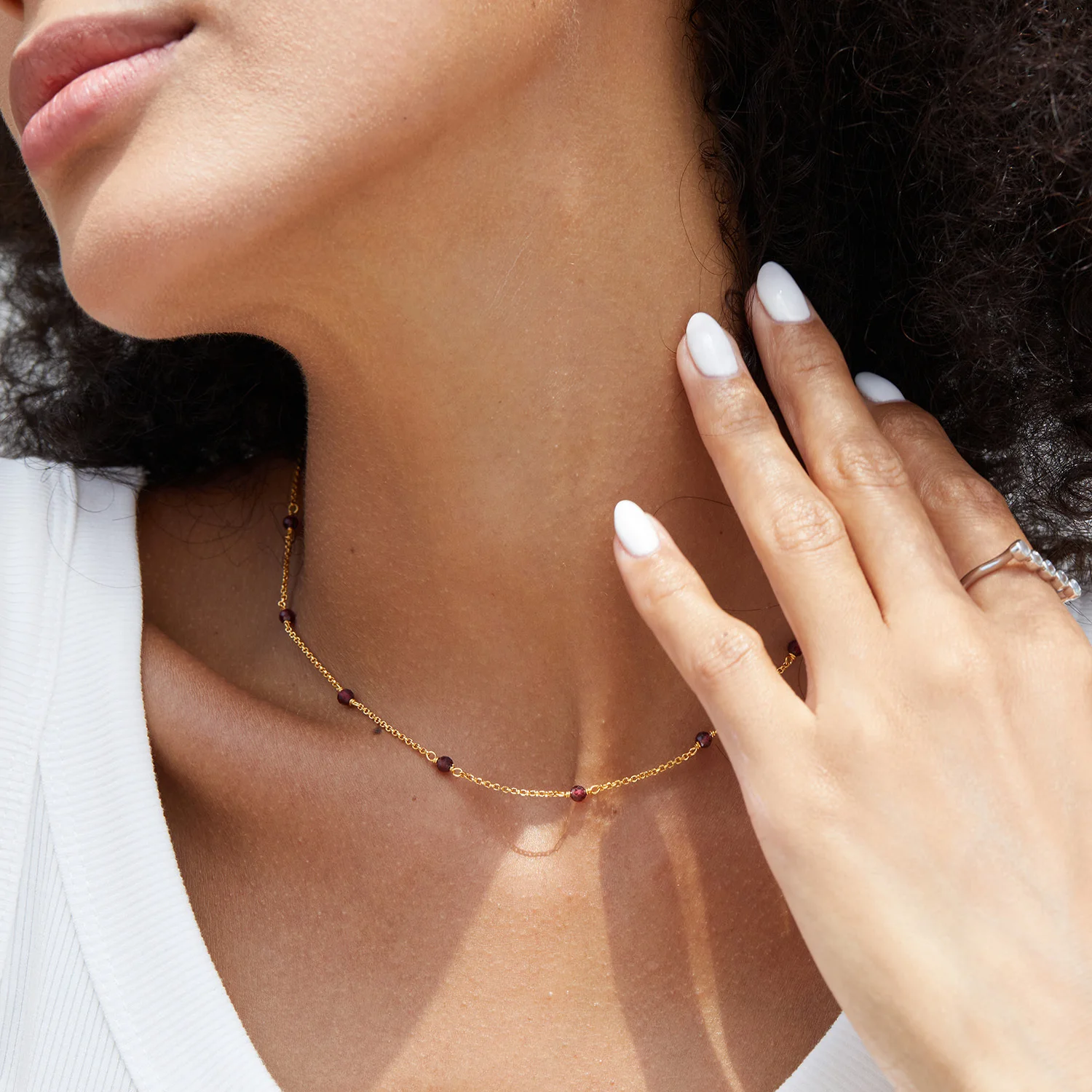 Silver Gold Plated Garnet Spaced Bead Station Necklace