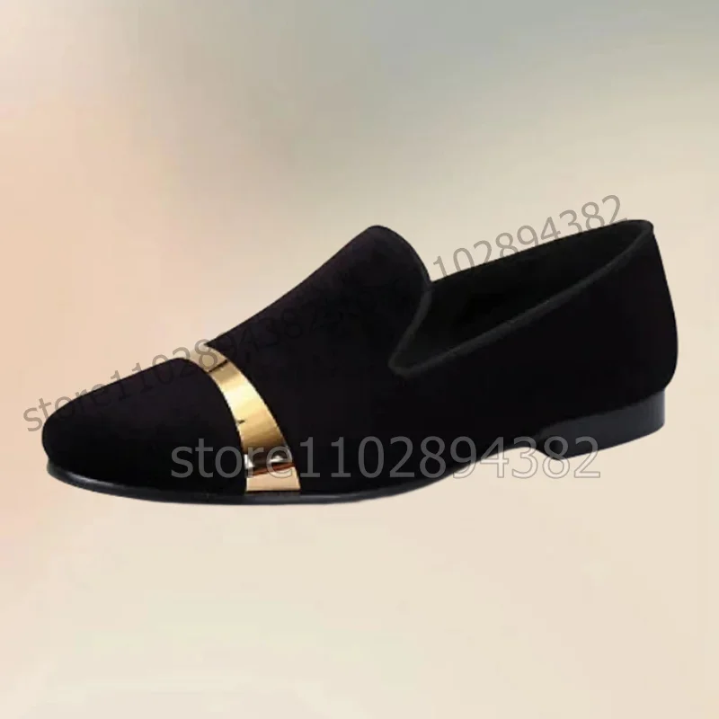 

Metal Decor Black Flock Round Toe Men Loafers Fashion Slip On Men Shoes Luxurious Handmade Party Office Banquet Men Casual Shoes