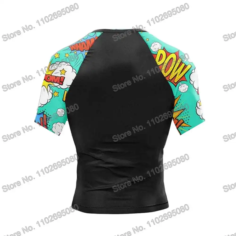 Comic Power Boom Surf Clothing BJJ MMA Men Rash Guard Short Sleeve Diving T-Shirt Tight Swimwear Summer Beach Floatsuit GYM Tops