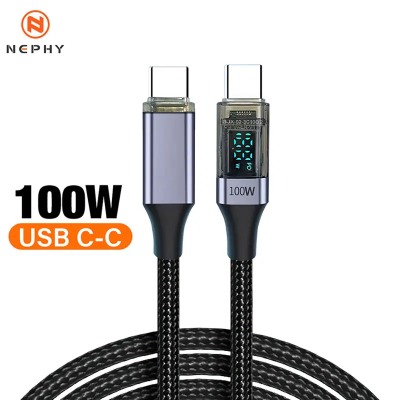 100W PD USB-C to Type-C Cable Transparent Design Fast Charging Data Cable with Display for iPhone 17 16 Xiaomi Huawei MacBook 0.5m 1m 2m
