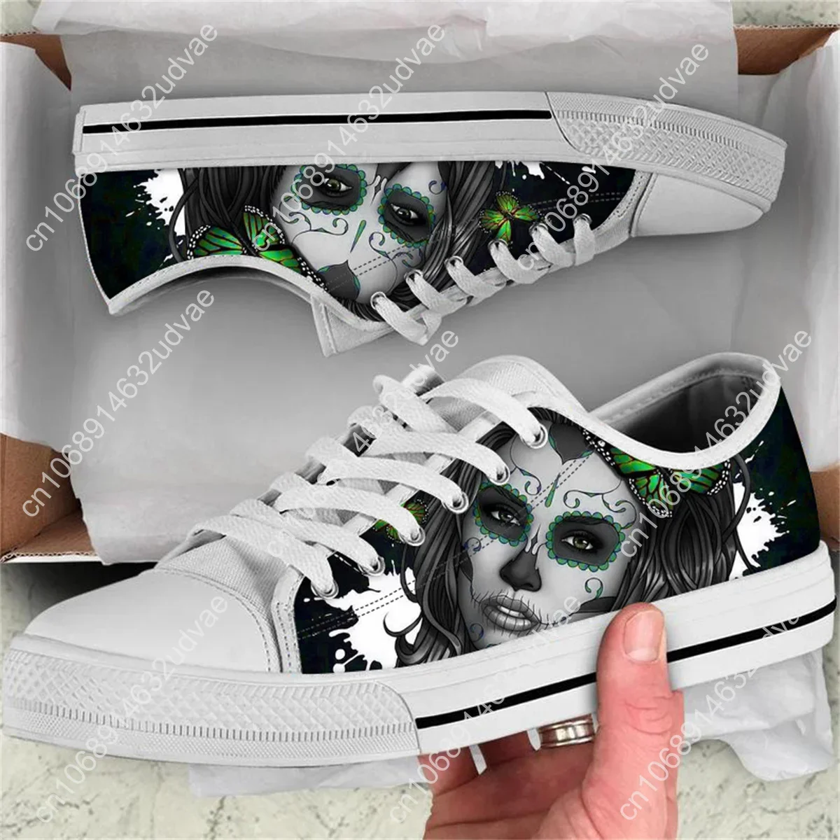 Breathable Women's Flat Sneakers Day Of The Dead Skull Girl Design Light Lace Up Vulcanized Shoes Versatile Casual Canvas Shoes