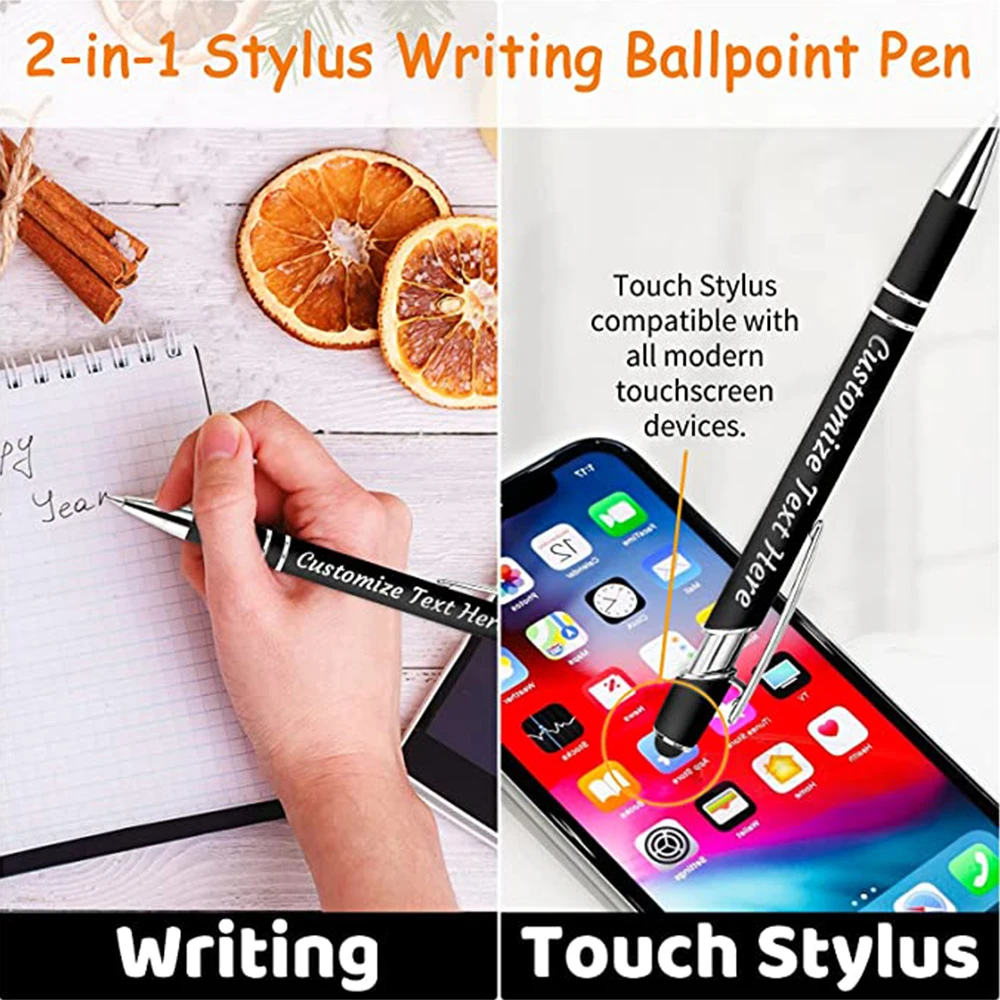 10-50 Pcs 사용자 정의 로고 펜 스타일러스 팁으로 이름 쓰기 볼펜 조각 검정 잉크 금속 펜 학교 사무실 비즈니스 선물