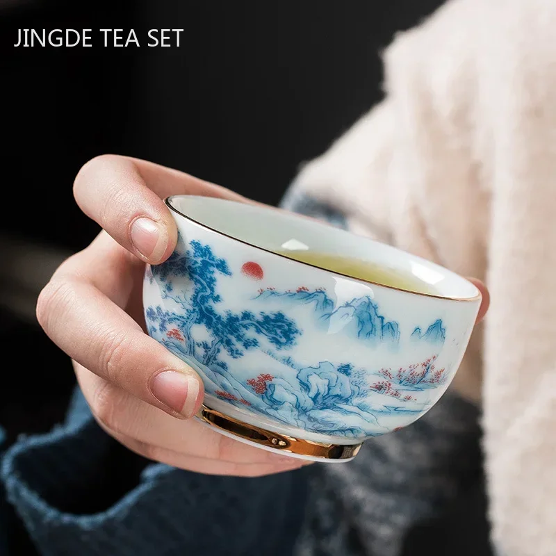 High Quality Ceramic Tea Cup Blue and White Porcelain Portable Single Cup Home Handmade Teacup Customized Tea Bowl Master Cup