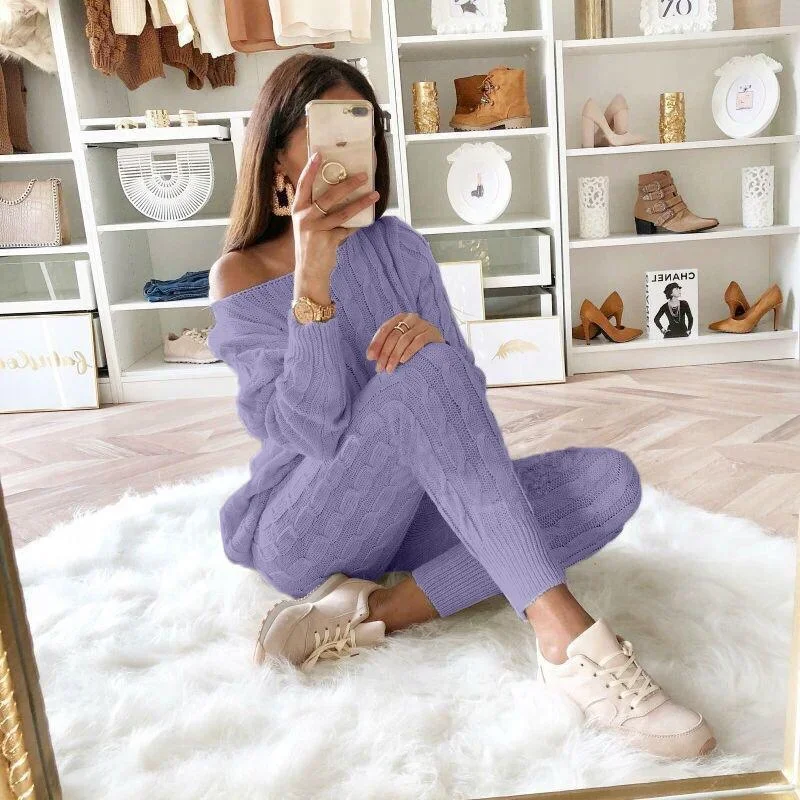 Long Sleeve Top Thick Sweaters Oversize Dropped Shoulder Knit Pants Set Women's Long Sleeve Knitted Casual Two-piece Sweater