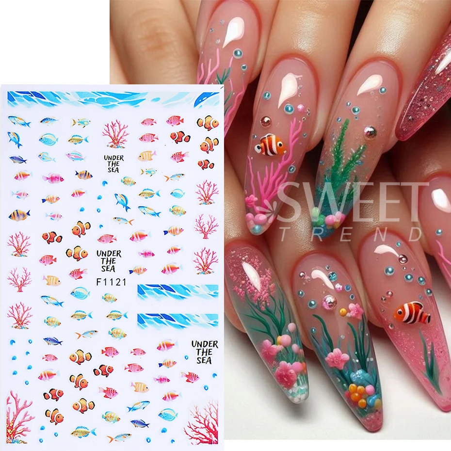 3pcs Sea Animal Nail Stickers Summer Goldfish Coral Koi Seaweed Ocean Wave Design Adhesive Slider Nail Decals DIY Manicure Decor
