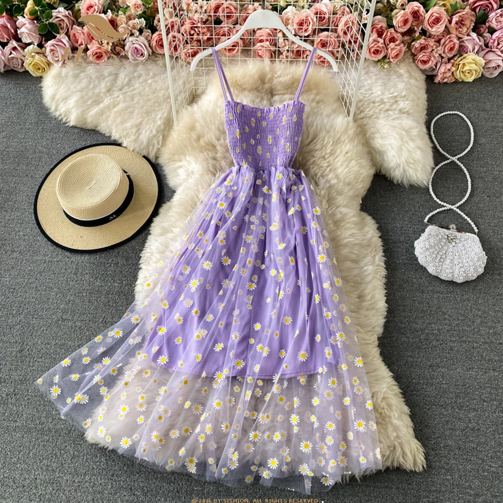 

Женское Сетчатое платье с цветочным принтом, летнее корейское двухслойное платье средней длины на тонких бретелях для отпуска, пляжные платья, SR482, 2023