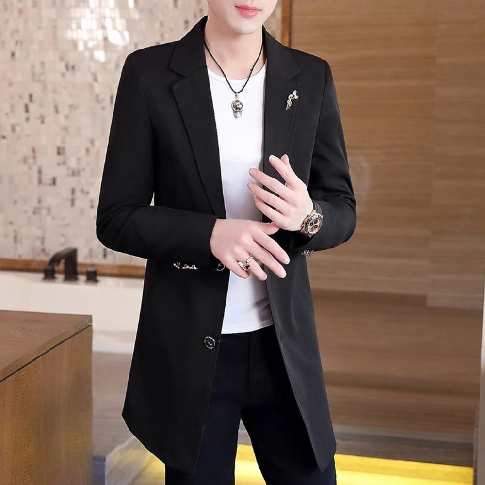 

New Men's Business Casual Fashion Urban Korean Trend Slim Solid Color Small Suit Jacket Spring Blazers Long Dress Coat