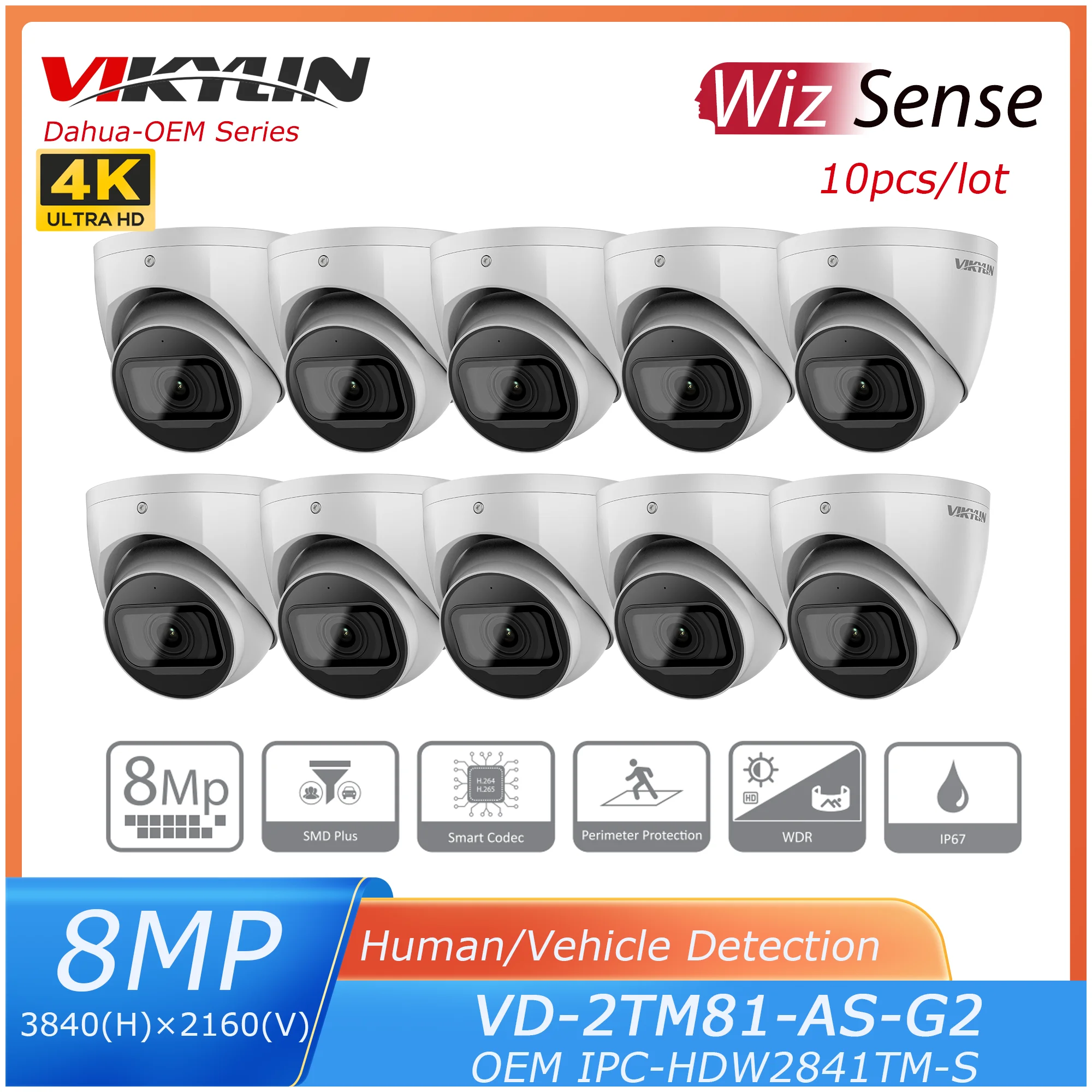 Vikylin Dahua WizSense IP 카메라, OEM IPC-HDW2841TM-S 내장 마이크 SD 카드 슬롯, SMD 플러스 WDR 감시 IP 카메라, 8MP, 로트당 10 개