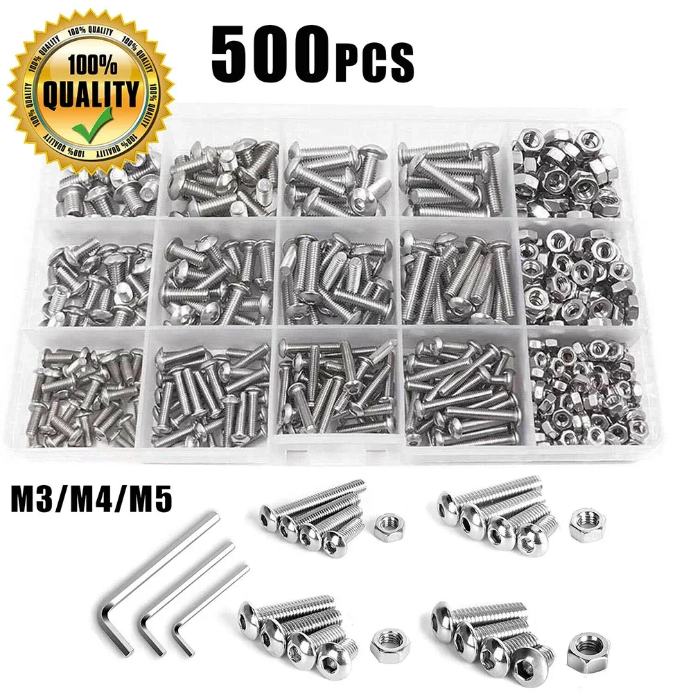 

500 Piece Stainless Steel Round Head Screw and Nut Kit M3 M4 M5 Hex Head Bolt Combo Set