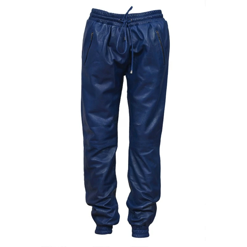 

Men's Drawstring Closure Sheepskin Pure Leather Pants, Blue Jogging Fashion Trend