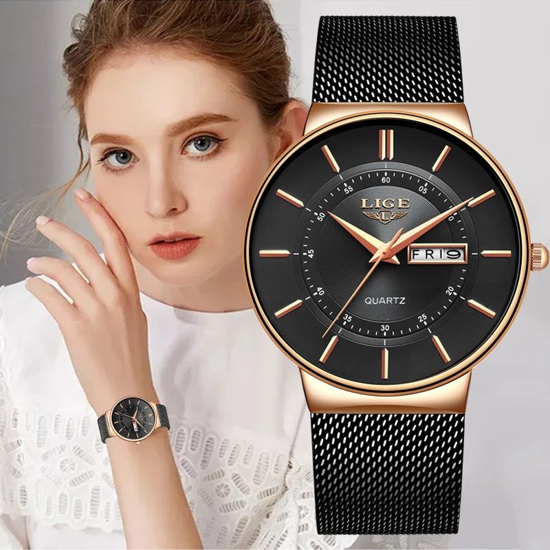 LIGE Women's Luxury Ultra-Thin Quartz Watch with Mesh Stainless Steel Band - Waterproof Gift Set with Box
