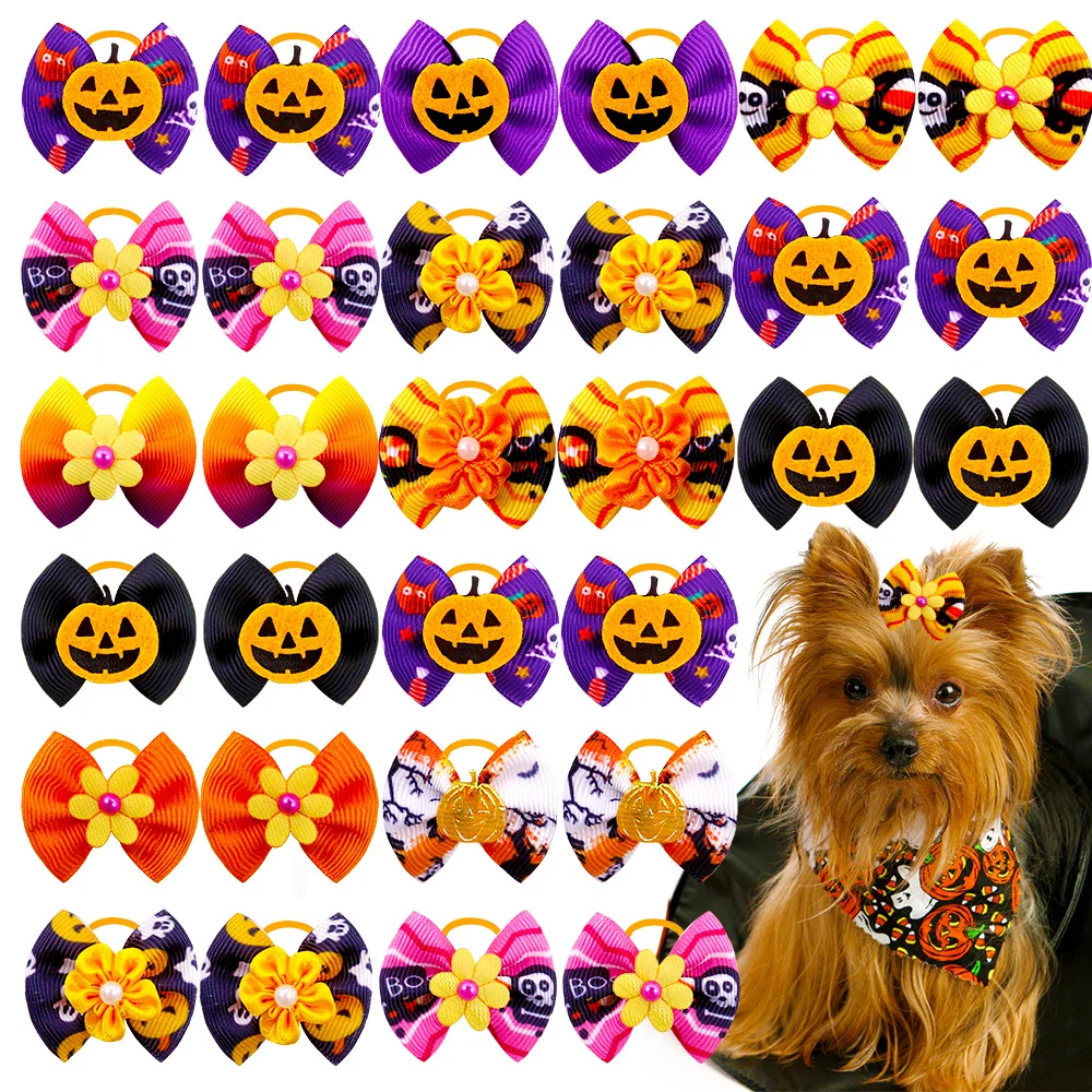50/100PCS Mode Hund Bögen Für Halloween Party Welpen Bowknots Schädel Kürbis Geist Zubehör Pet Haar Liefert Für hunde Groß – Detail 3