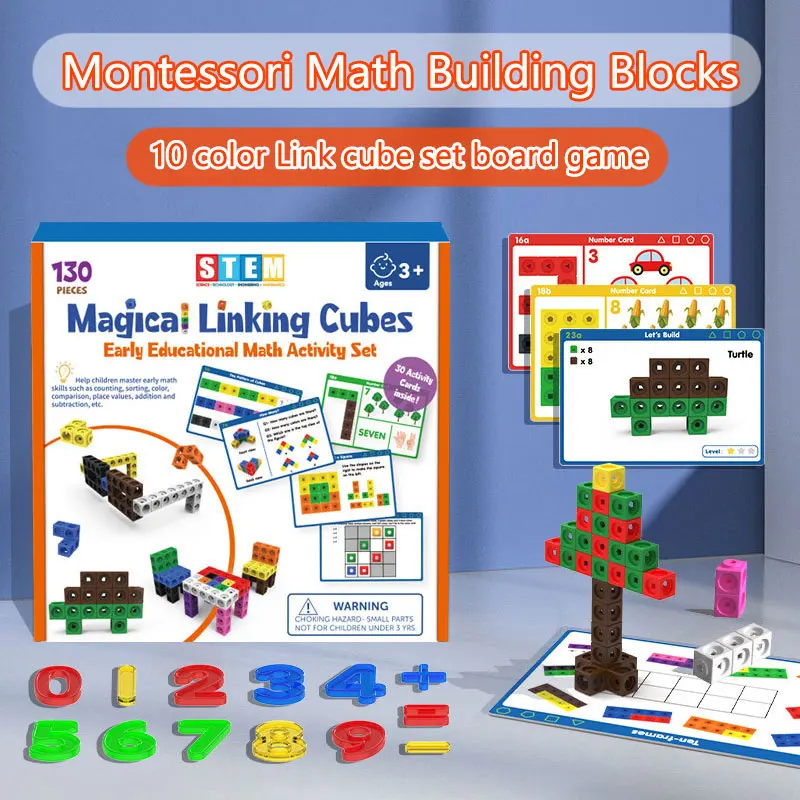 Montessori Linking Cubes Math Toys 10 Colors Building Blocks Cards Set Arithmetic Learning Parish Educational Toys for Children educational toys building blocks toys math toys